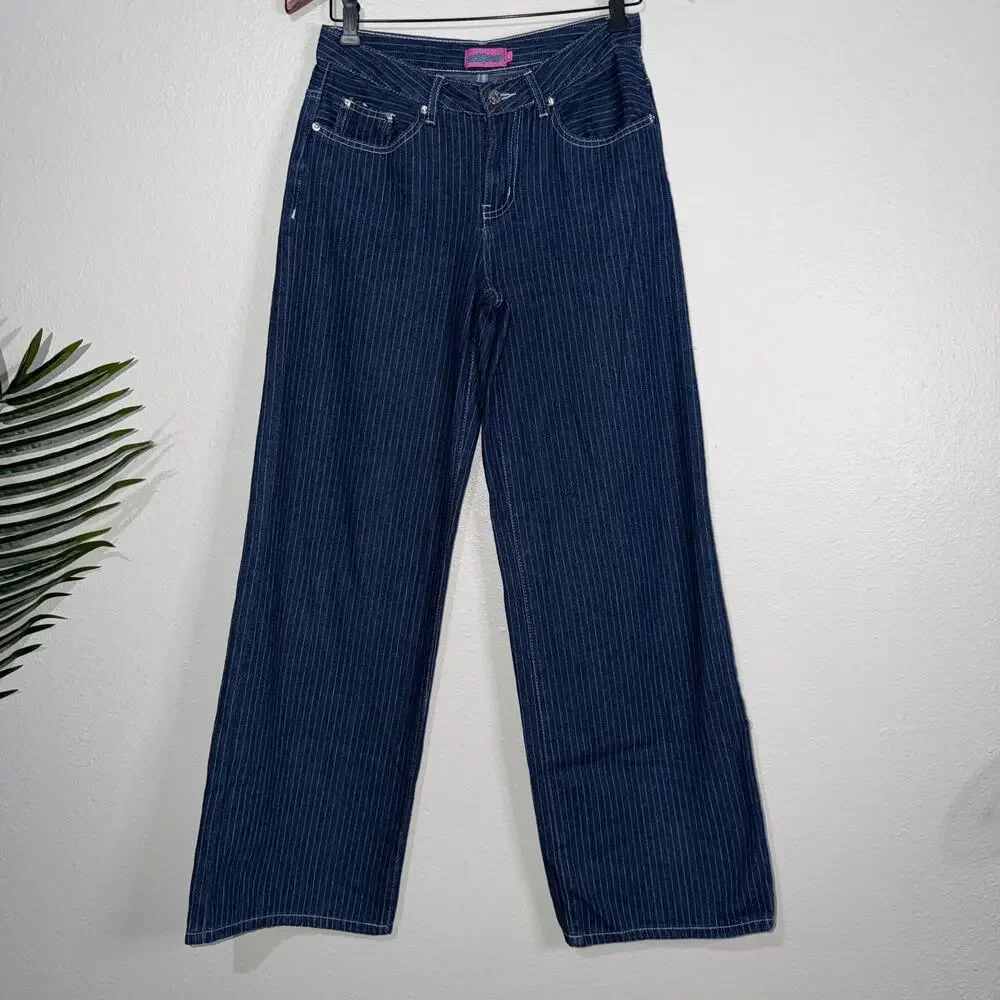 Edikted Pinstripe High Waist Wide Leg Denim Jeans Blue‎ White XS